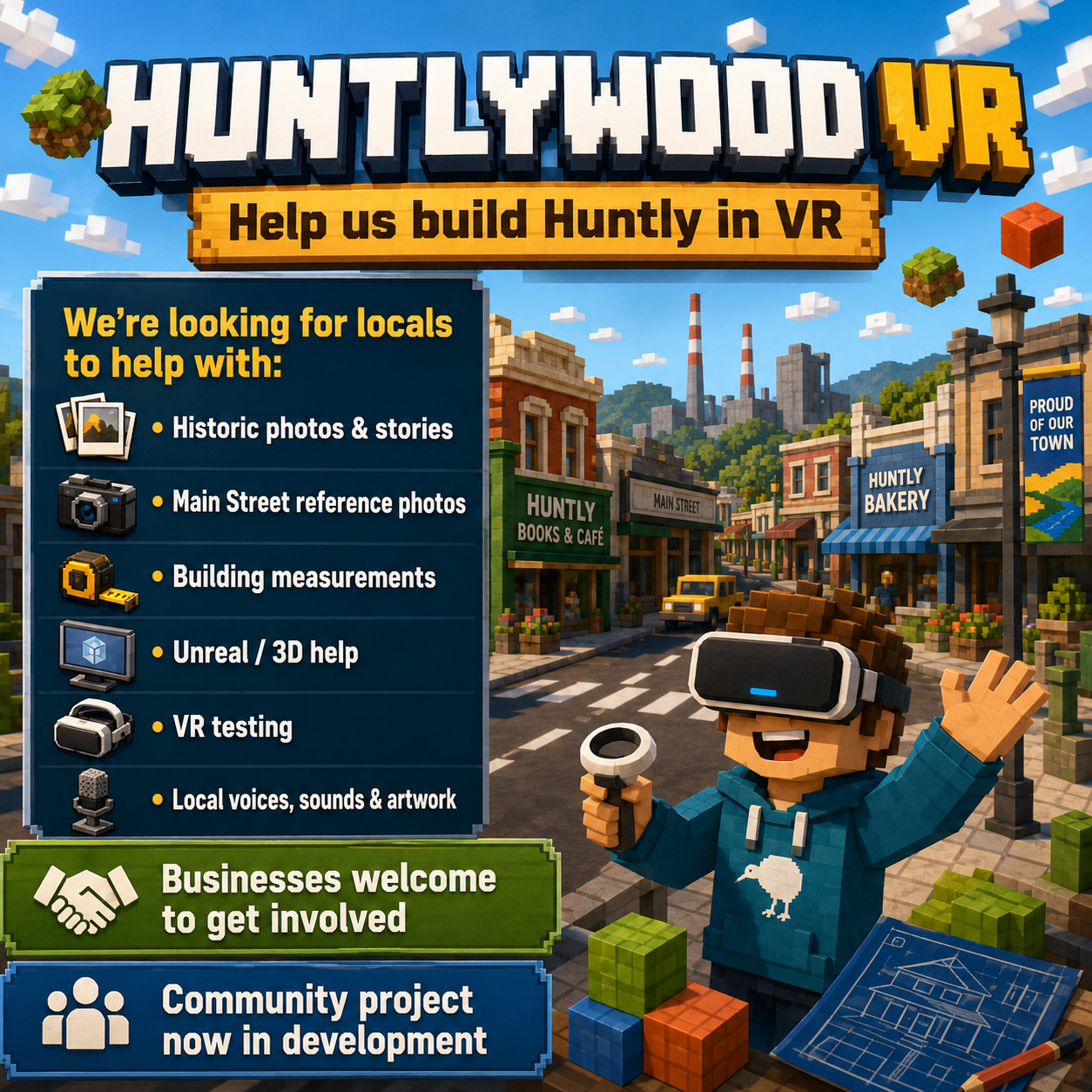 Huntlywood VR community recruitment poster